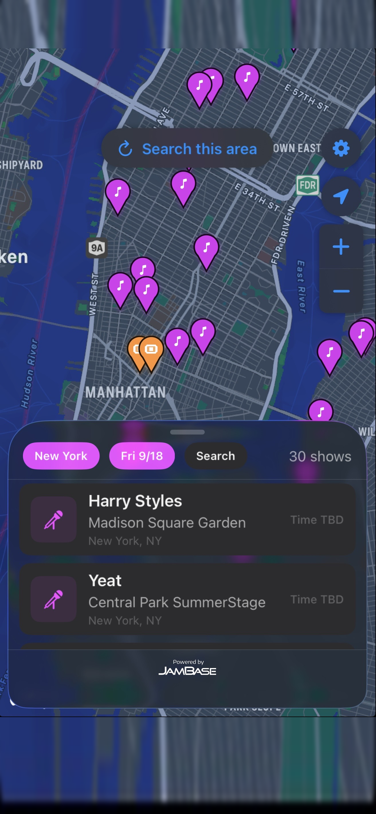 Live music map with tonight's shows